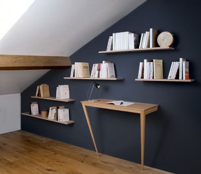 bibliotheque-sous-pente Bibliothèque murale sous pente réalisée avec des étagères à fixation invisibles