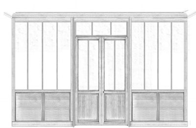 dessin-verriere-intérieure-bois dessin d'étude sur une verrière en bois avec une porte double.